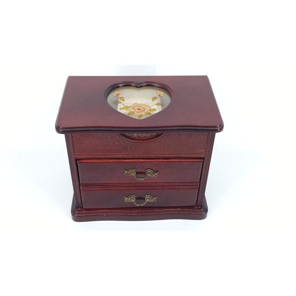 90s Dark Wooden Jewelry Box Heart Cutout Glass Floral Inlay Hinged 2 Drawer